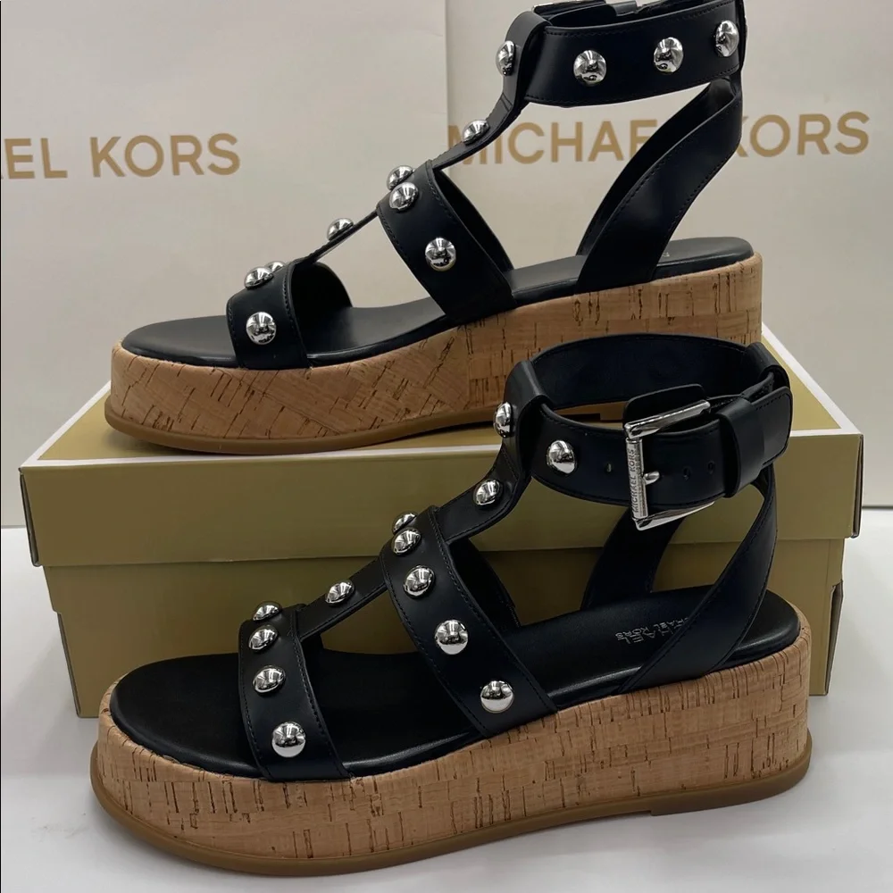 MICHAEL KORS Selah Studded Platform Gladiator Silver Studded Sandal Black  New